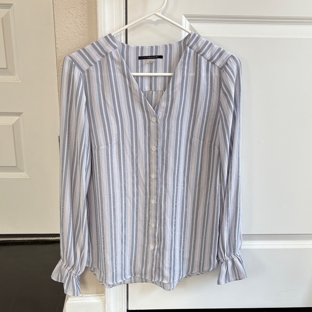 Tahari Striped Blue and White Long Sleeve Blouse
